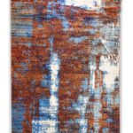 Milky Horizon abstract rug handcrafted in india featuring rust, sky blue, and milky white tones inspired by a dreamy sunset sky.