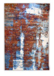 Milky Horizon abstract rug handcrafted in india featuring rust, sky blue, and milky white tones inspired by a dreamy sunset sky.