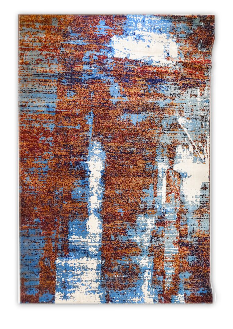 Milky Horizon abstract rug handcrafted in india featuring rust, sky blue, and milky white tones inspired by a dreamy sunset sky.