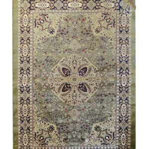 Olive Dynasty traditional Persian-style rug featuring a central floral medallion in olive green, cream, navy, and maroon, with intricate vine and blossom motifs