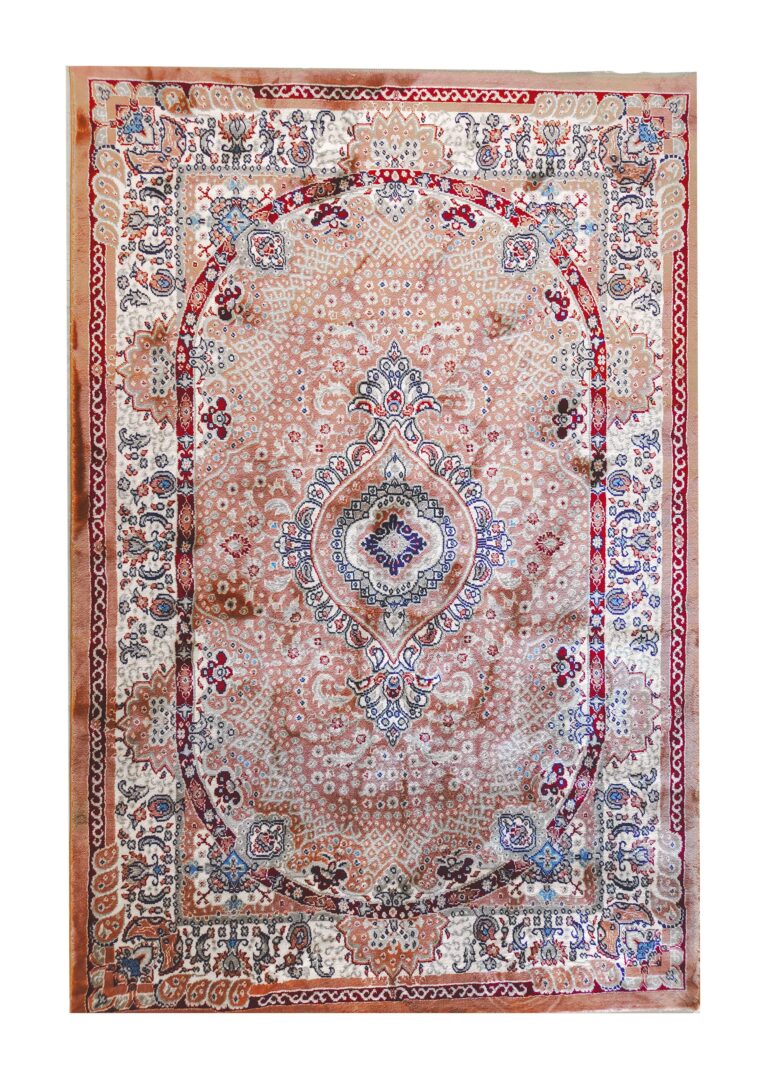 Elegant Persian-style rug in soft blush and ivory tones with intricate floral medallion design hand woven with wool and silk.