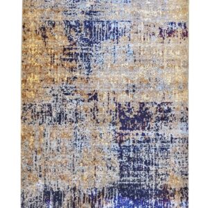 Stardust Veil modern abstract rug featuring deep indigo, gold, and ivory tones with a celestial, textured design that shimmers in light.