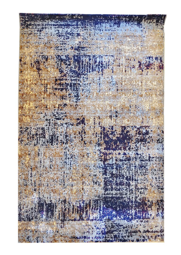 Stardust Veil modern abstract rug featuring deep indigo, gold, and ivory tones with a celestial, textured design that shimmers in light.