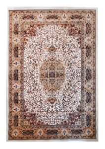 Hand-knotted luxury rug ‘Golden Minaret,’ made in India, featuring a gold and ivory medallion design with silk highlights evoking Mughal spires.