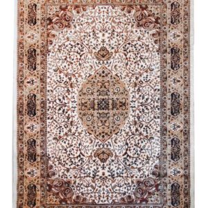 Hand-knotted luxury rug ‘Golden Minaret,’ made in India, featuring a gold and ivory medallion design with silk highlights evoking Mughal spires.