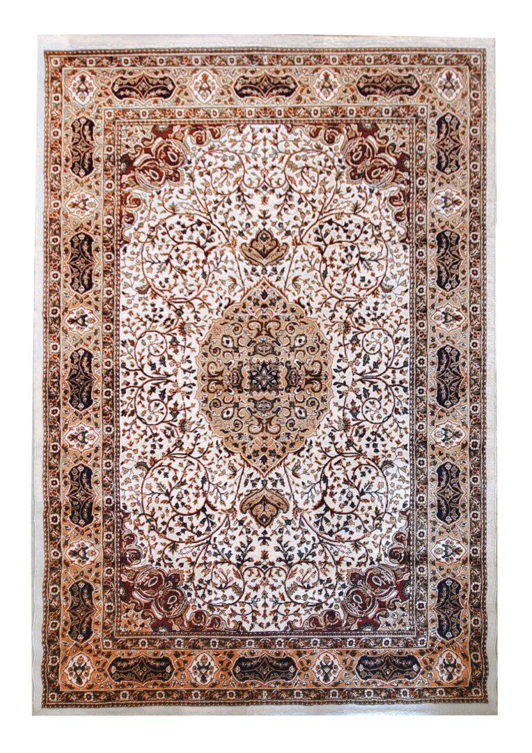 Hand-knotted luxury rug ‘Golden Minaret,’ made in India, featuring a gold and ivory medallion design with silk highlights evoking Mughal spires.