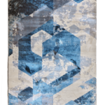 Hand-tufted luxury Time handmade Crystal rug, featuring interlocking hexagons in silver, cerulean, and pewter tones for a reflective, time-shifting effect.