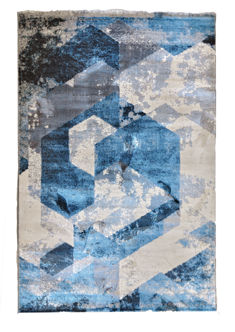 Hand-tufted luxury Time handmade Crystal rug, featuring interlocking hexagons in silver, cerulean, and pewter tones for a reflective, time-shifting effect.