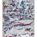Hand‑tufted luxury rug ‘Jingle Frost’, made in India, featuring abstract ivory, teal, and crimson patterns evoking snowflakes and holly.