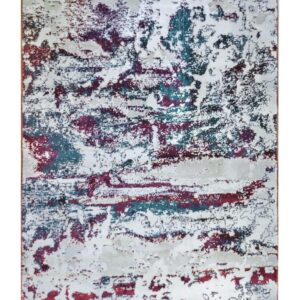Hand‑tufted luxury rug ‘Jingle Frost’, made in India, featuring abstract ivory, teal, and crimson patterns evoking snowflakes and holly.