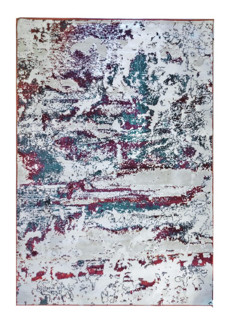 Hand‑tufted luxury rug ‘Jingle Frost’, made in India, featuring abstract ivory, teal, and crimson patterns evoking snowflakes and holly.