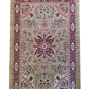 Intricately designed rug named "Mughal Garden" featuring a central floral medallion in crimson, beige, and black tones, inspired by traditional Mughal artistry and garden motif