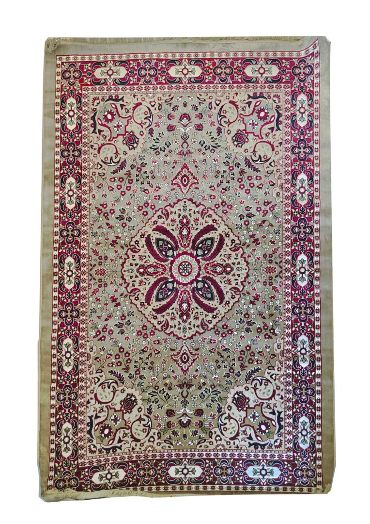 Intricately designed rug named "Mughal Garden" featuring a central floral medallion in crimson, beige, and black tones, inspired by traditional Mughal artistry and garden motif