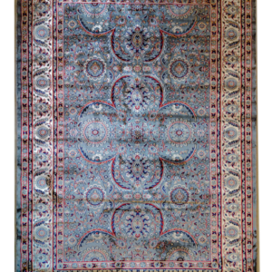 Luxury silver handmade rug with intricate Mughal-inspired floral patterns in blue, blush, and ivory.