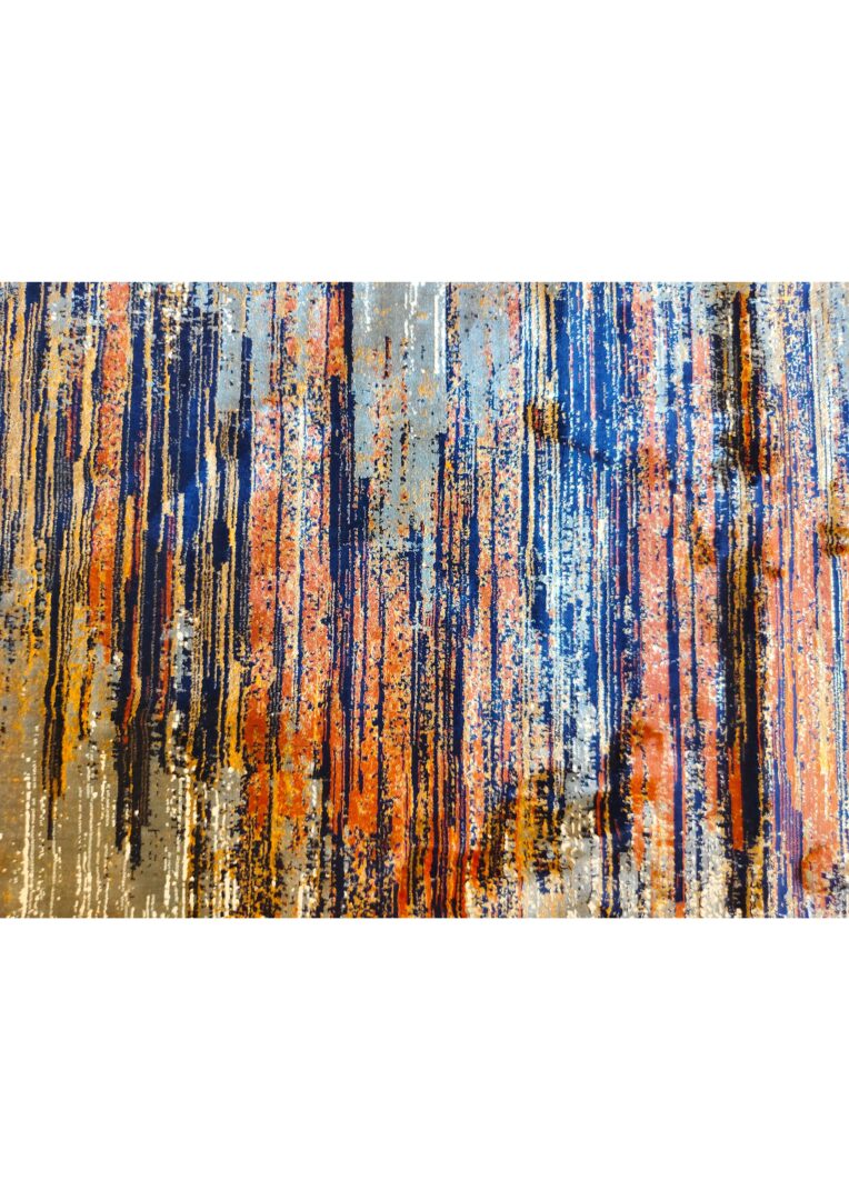A handwoven wool rug with an abstract pattern featuring dark blue, bright orange, red, golden yellow, and beige colors.