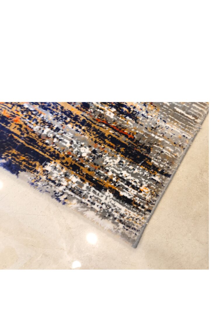 An abstract rug design with vertical streaks in shades of blue, orange, and gray, showcasing a modern and contemporary handtufted wool pattern.