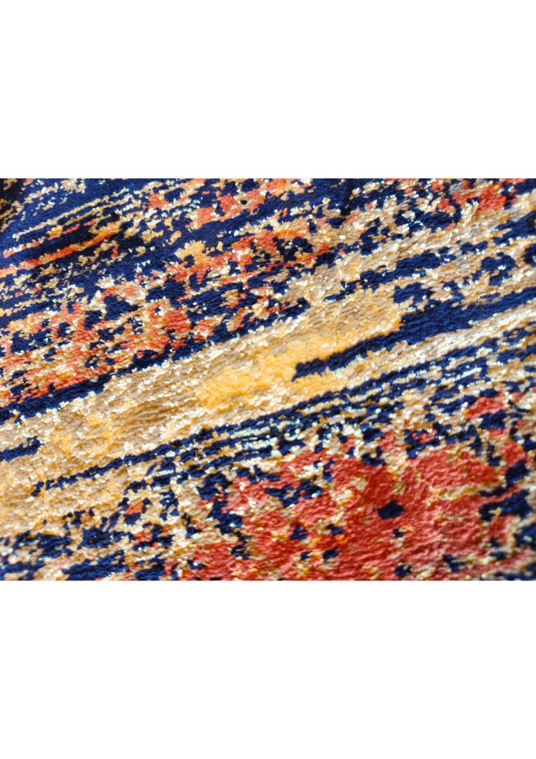 Elevate your space with the Sunrise Rug, a contemporary handtufted wool design featuring abstract vertical streaks in blue, orange, and gray.